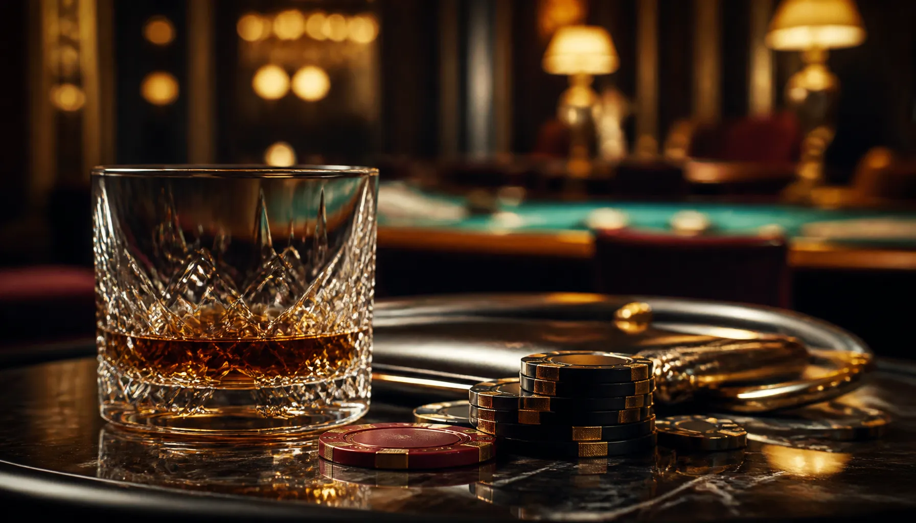 Close-up of gleaming gold casino chips beside a sculpted lion motif on a rich dark velvet surface with warm cinematic lightin