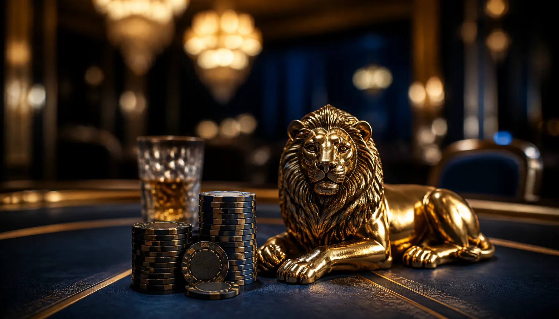 Close-up of gleaming gold casino chips beside a sculpted lion motif on a dark velvet surface with warm cinematic lighting