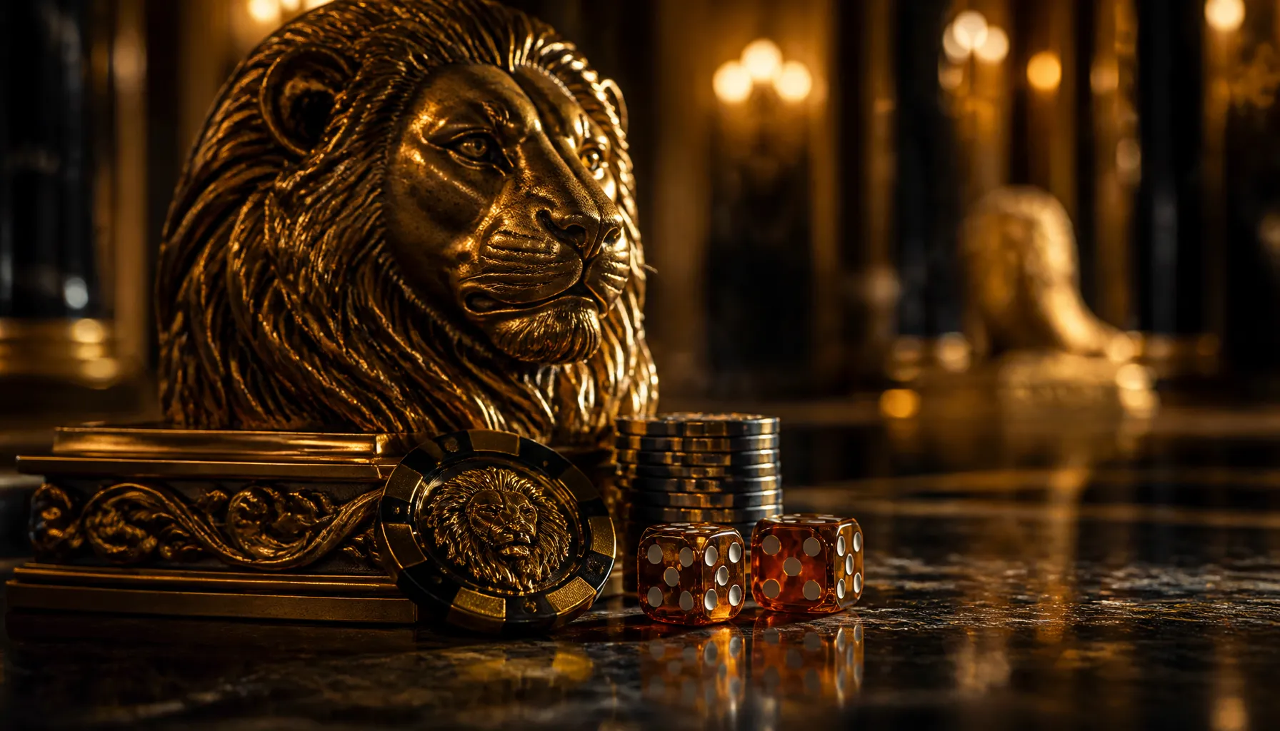 Gleaming gold lion figurine beside stacked casino chips on dark velvet, cinematic warm lighting