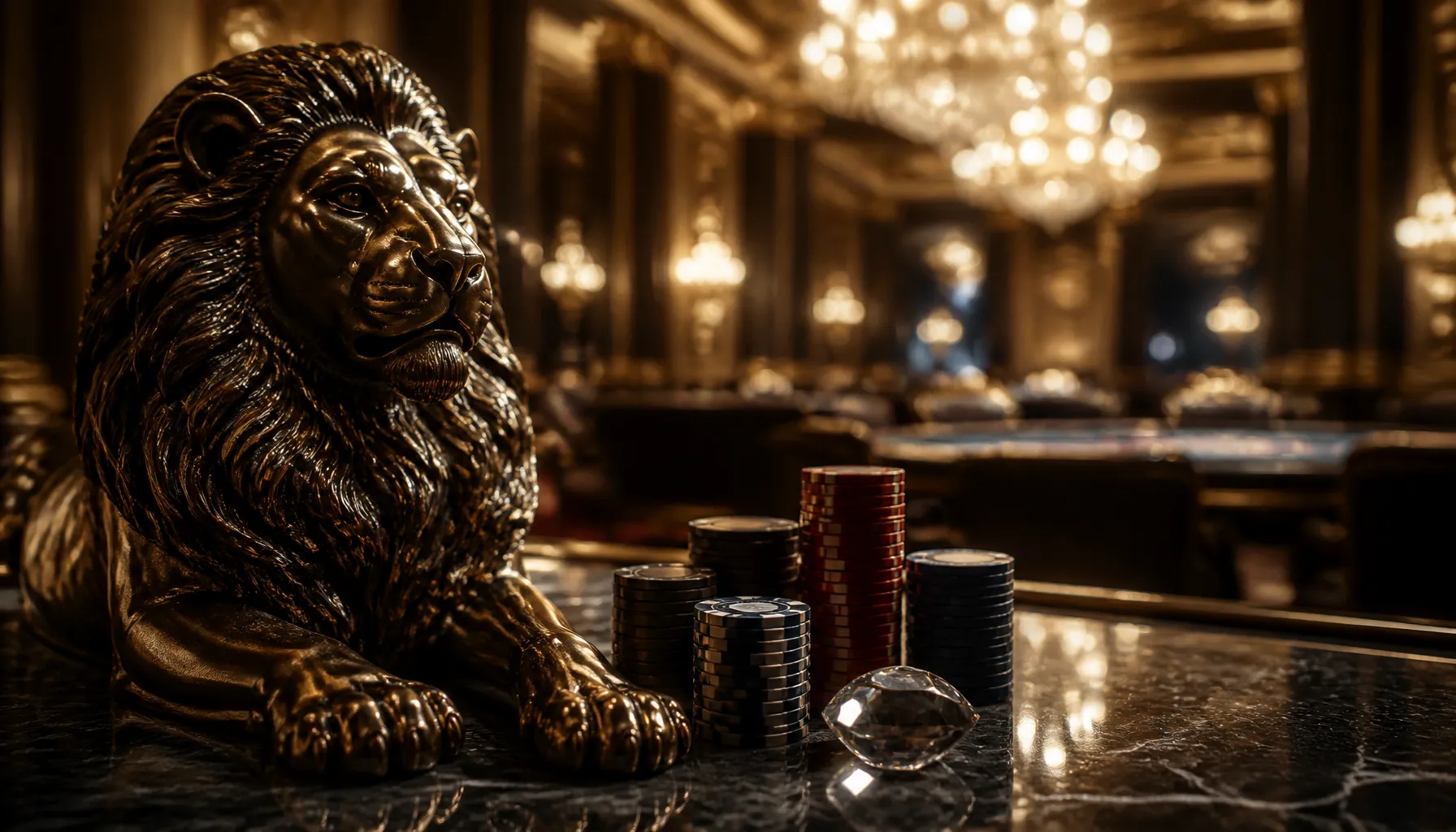 Luxury gold lion figurine beside stacked premium casino chips on velvet, cinematic warm lighting