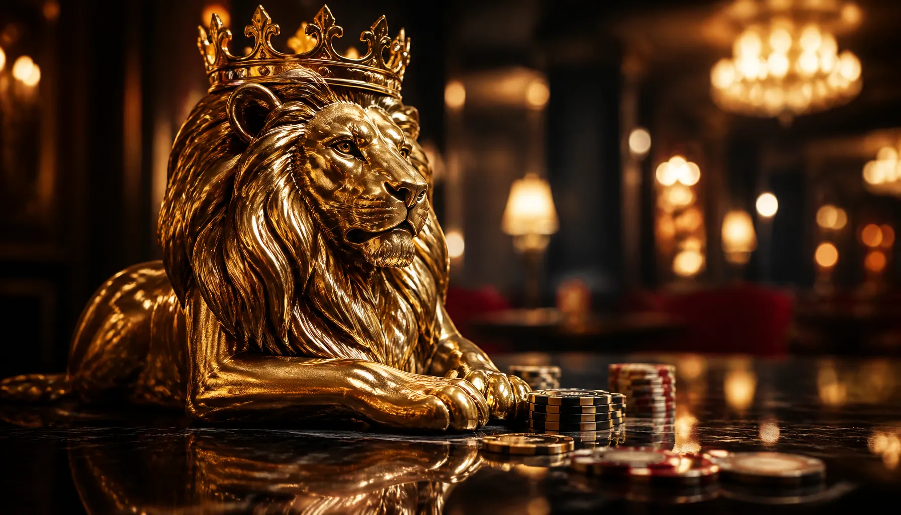 Close-up of gleaming gold casino chips beside a sculpted golden lion head on a dark velvet surface with warm cinematic lighti