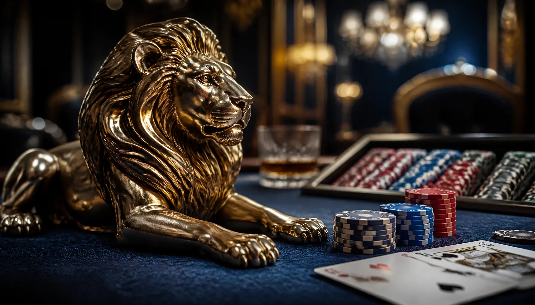 Golden lion statuette beside a stack of premium casino chips on a velvet surface with warm cinematic lighting